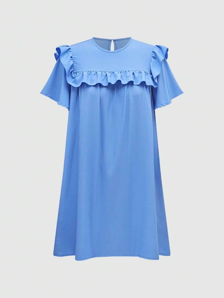 SHEIN Unity 荷叶边圆领夏季短袖连衣裙 - 藍色 - 查看 1