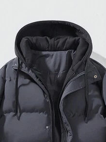 Men 1pc Drawstring Hooded Padded Coat - Coffee Brown - View 3