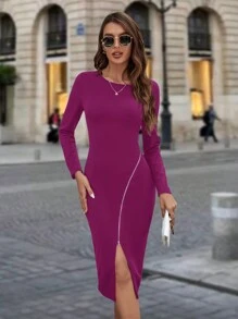 SHEIN Clasi Women Crew Neck Long Sleeve Zippered Fitted Elegant & Charming Dress
