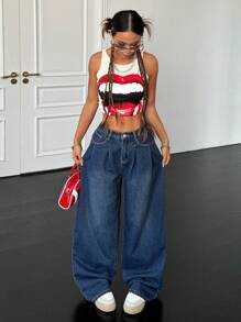 SHEIN ICON Women's Relaxed Fit Pleated Wide Leg Jeans, Blue, Y2k Clothes Women - Dark Wash - View 3