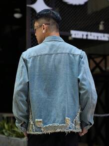 Manfinity Roghcode Men's Spring & Autumn Long Sleeve Patchwork Fringe Cargo Pockets Casual Denim Jacket - Blue - View 2