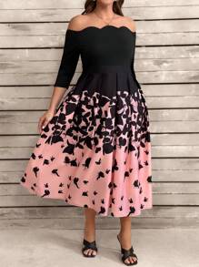 Plus Size Women Butterfly Print Arc Hem Off Shoulder 3/4 Sleeve Elegant Dress - Pink - View 3