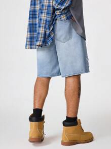 PAVTROS 男士水洗做旧牛仔短裤 - 淺色水洗藍 - 查看 2