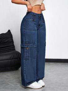 SHEIN EZwear Jeans rectos casuales sueltos de unicolor con bolsillos para mujer