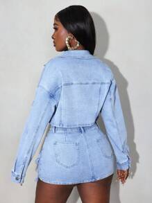 Slaydiva Áo khoác denim dài tay giản dị có túi nút phía trước màu trơn - Rửa nhẹ - Xem 8