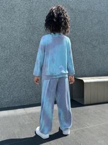 SHEIN 2 piezas/Conjunto Estilo callejero para niña preadolescente Sudadera de cuello redondo de punto con efecto tie-dye y pantalones largos Conjuntos a juego/a conjunto (se venden por separado) - Azul - Ver 3