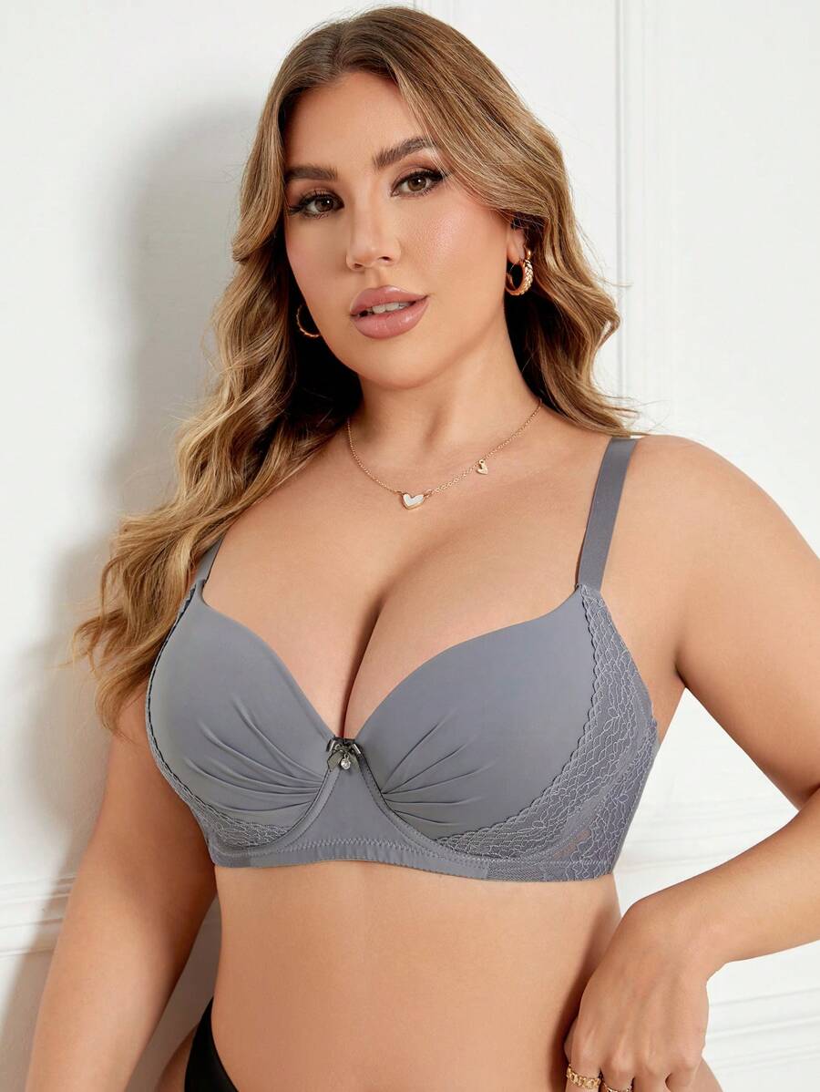 1pc Minimalist Lace Patchwork Padded Underwire Brassiere, Plus Size Women Lingerie - Grey - View 1