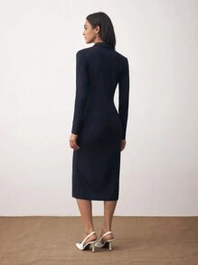 Maija 女式长袖修身优雅工作紧身连衣裙，配金属纽扣装饰，秋季女装长袖连衣裙 - 棕色 - 查看 6