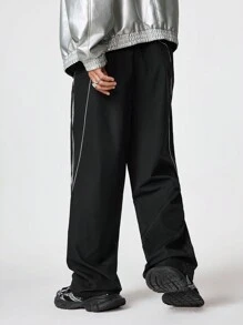 AXEPEAK Men's Color Block Patchwork Pocket Loose Straight Woven Casual Black Baggy Pants, For Boyfriend Gift, Streetwear Edition, Fall