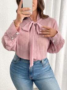 Celure Plus Size Women's Elegant Long Sleeve Tie Neck Blouse, Spring And Summer