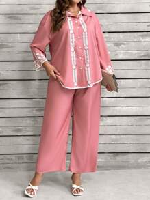 2pcs Plus Size Women Contrast Color Print Long Sleeve Top And Solid Color Pants Set