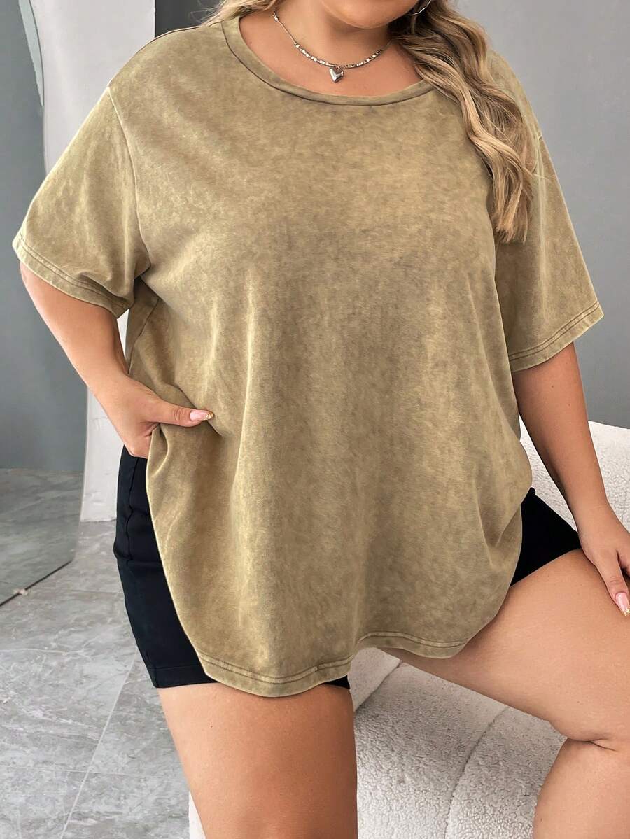 SHEIN CURVE+ Plus Kích Thước Axit Rửa Sạch Nhìn Vintage Dệt Kim Đau Khổ Dáng Rộng Áo Thun Nữ Tay Ngắn Athleisure - màu nâu - Xem 1