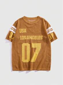 ROMWE MEN Prep Áo thun dệt kim cổ tròn tay ngắn họa tiết chữ rỗng cho nam, đi học - Màu vàng - Xem 1