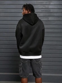 PAVTROS Manfinity Streetrush Men Loose Thickened Fleece Hooded Sweatshirt With Print - Black - View 2