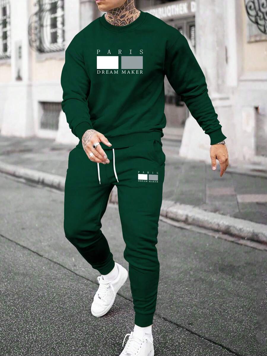 Manfinity Homme 2pcs Men's Casual Crew Neck Long Sleeve Letter Print Top And Tie Front Pants Set, Fall Clothes - Dark Green - View 1