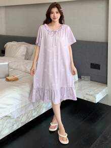 DAZY Short Sleeve Ruffle Trim Nightgown With All-Over Print Pajama, Moo Moo - Purple - View 3