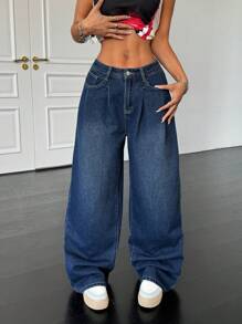 SHEIN ICON Women's Relaxed Fit Pleated Wide Leg Jeans, Blue, Y2k Clothes Women - Dark Wash - View 6