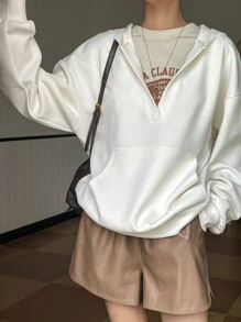 DAZY Sudadera con capucha de unicolor de manga larga con bolsillo y cuello en V para mujer, para uso diario casual, ropa de otoño