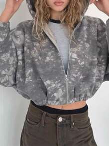 INAWLY Women Pattern Hooded Zipper Up Crop Jacket - Multicolor - View 2