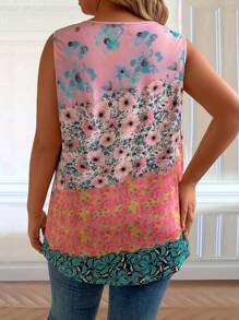 SHEIN LUNE Top tipo tank informal para vacaciones de talla grande con cuello cuadrado sin mangas, estampado floral por toda la prenda - Multicolor - Ver 2
