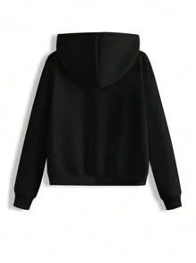 SHEIN Artist 女士黑色长袖拉链前口袋休闲万圣节连帽运动衫，棉质，节日，冬季，度假，节日 - 黑色 - 查看 2