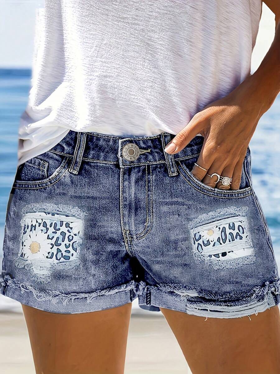 Women's Distressed Raw Edge Denim Shorts - Dark Wash - View 1