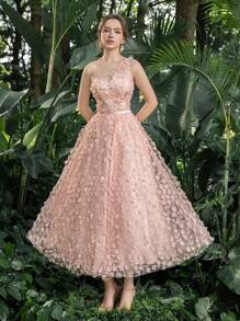 Faeriesty 舞会礼服花卉贴花单肩后系带返校派对礼服非常适合返校、聚会、舞会和鸡尾酒会 - 粉色 - 查看 4