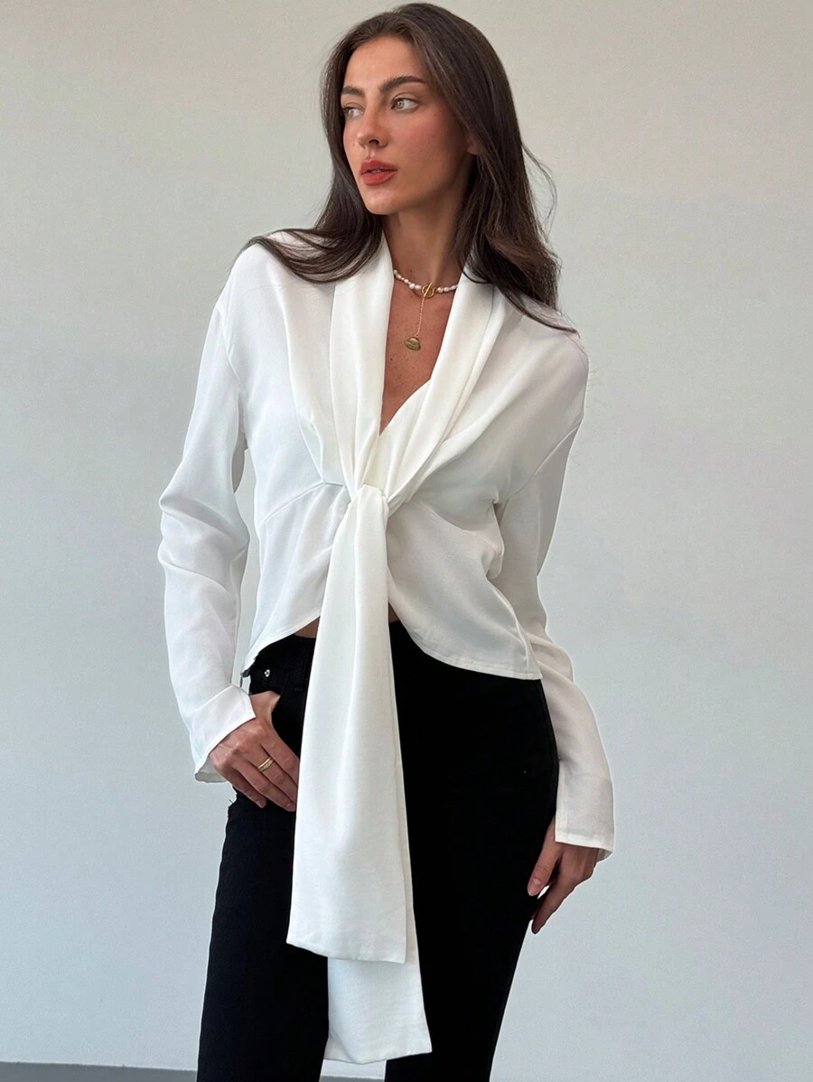 Aloruh V-Neck Long Sleeve Casual Blouse With Ribbon Accent, Autumn & Winter - White - View 1