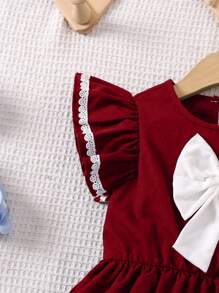SHEIN New Arrival Young Girl Burgundy Casual Dress With White Bow, White Ruffle Trim Sleeves, Comfortable And Fashionable For School, Christmas, Back To School Season