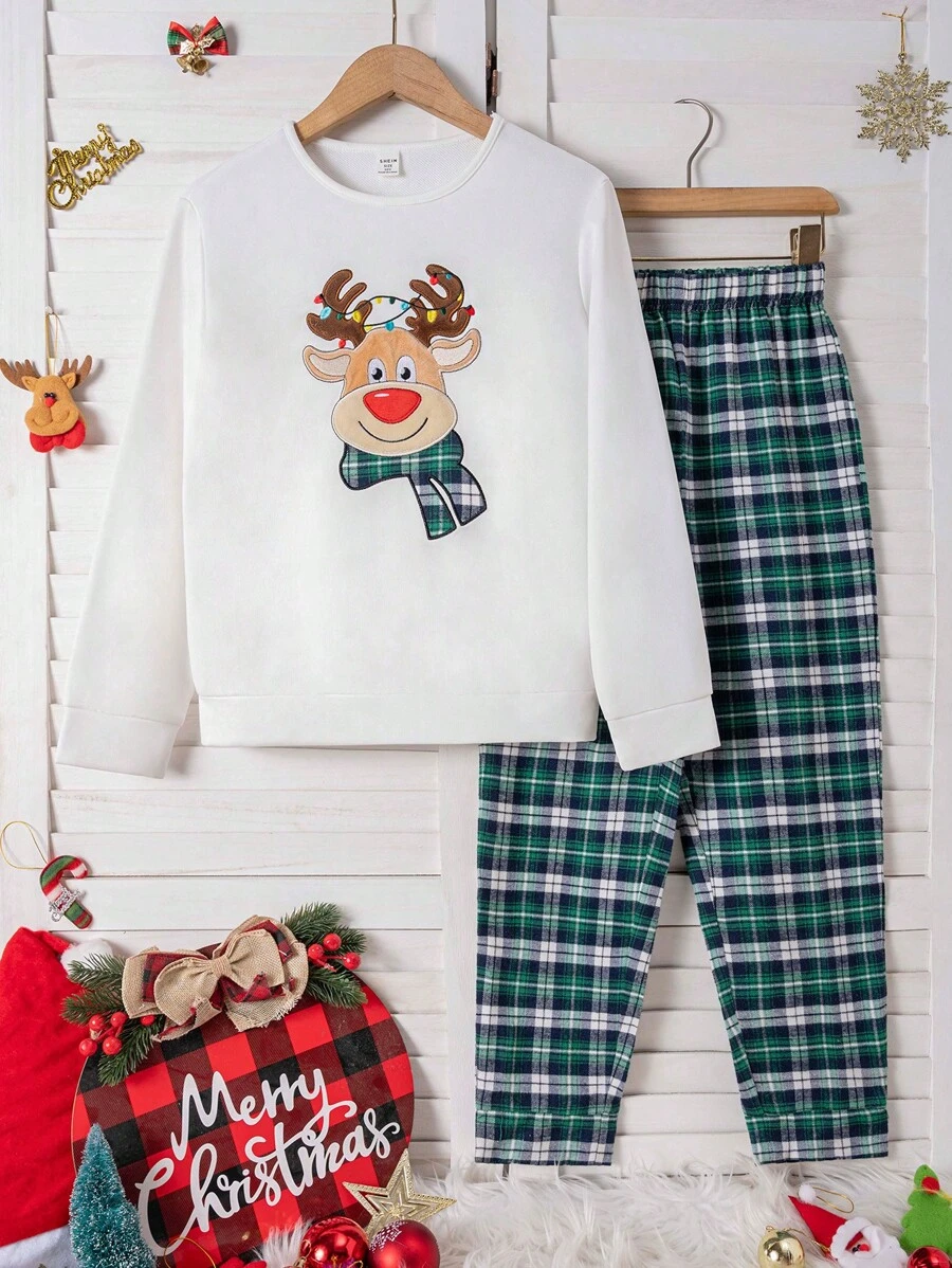 2pcs Tween Boys' Casual Animal Embroidered White Long Sleeve Top And Green Plaid Pants Loungewear Set - White - View 1