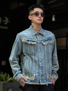 Manfinity Roghcode Men's Spring & Autumn Long Sleeve Patchwork Fringe Cargo Pockets Casual Denim Jacket - Blue - View 5