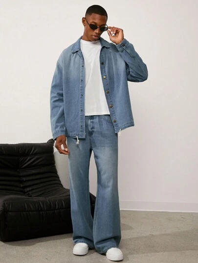 Forever 21 Men's Oversized Denim Shacket In Mid-Blue Wash