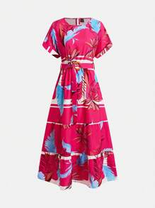 SHEIN LUNE Váy in hoa cổ tròn tay ngắn, thường ngày và ngày lễ - Màu đỏ tím - Xem 3