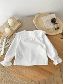 SHEIN LMoss Kids LMoss Young Girl Frill Trim Peter Pan Collar Statement Collar Lantern Sleeve Blouse,Autumn And Winter,Great For Casual & Daily Wear & School Daily,College Style, Back-To-School