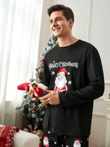 Men's Christmas Print Round Neck Long Sleeve Top & Pants Pajama Set, Fall Winter Clothes - Black - View 3
