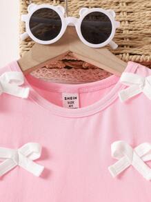 SHEIN 年轻女孩无袖蕾丝蝴蝶结荷叶边可爱甜美上衣，夏季 - 粉色 - 查看 4