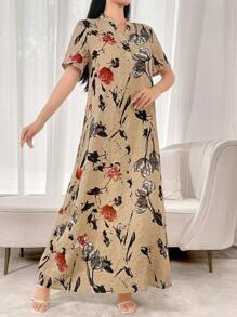 Al Najma V-Ausschnitt Knopfverschluss Kurzarm Kleid mit durchgehendem Blume Muster im arabischen Stil, lässiges A-Linien Kleid in lockerer Passform für Arabien