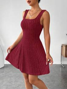 SHEIN EZwear 2pcs/Set Women's Solid Color Sleeveless Dress & Hooded Crop Top Set - Burgundy - View 2