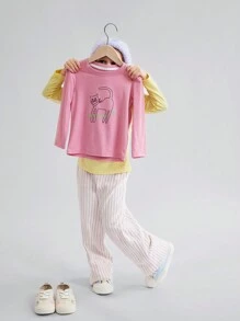 2 peças/Conjunto de Camisetas de Manga Longa de Malha com Estampa Fofa de Pato e Gato para Meninas Pequenas
