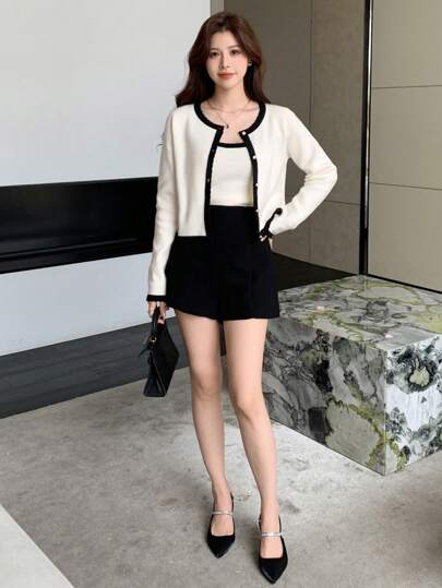 DAZY 2 件套女士撞色吊带衫上衣开衫，秋季服装女士毛衣