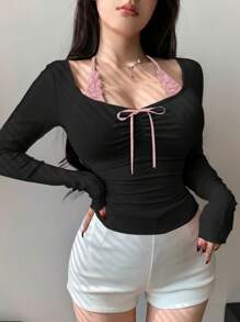 DAZY 女士系带收腰黑色长袖蝴蝶结T恤夏季外出上衣 - 黑色 - 查看 4