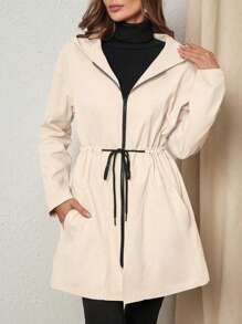 SHEIN Privé Women's Solid Color Drawstring Waist Pocket Casual Hooded Loose Regular Jacket, Spring Autumn - White - View 6