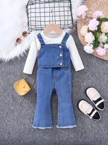 SHEIN 2 Stück/Set Baby Mädchen Denim Weste und weite Hose Set, Baby Mädchen Kleidung für Herbst und Winter - Dunkle Waschung - Übersicht 3