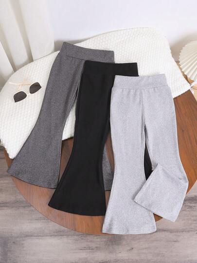 SHEIN Genkimix Kids 3pcs/Set Young Girls' Basic Black, Dark Gray And Light Floral Gray High Waist Flared Pants, Suitable For Everyday Wear In Spring, Fall And Winter Young Girl Flared Leggingsgirls Flared Leggings,Holiday,Summer,Travel, School, Campus, College