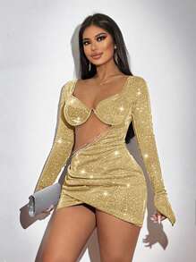 SHEIN SXY Đầm ôm sát gợi cảm cổ tim dài tay khoét sâu cho nữ, mùa xuân và mùa hè - Vàng - Xem 4