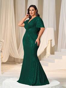 Faeriesty 曲线优雅大码正式晚礼服，深 V 领，精致荷叶边袖子，迷人的鱼尾裙摆，适合庆典、婚礼、宴会、公司活动和颁奖典礼 - 墨綠色 - 查看 5