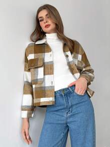 SHEIN Unity Plaid Print Buttoned Pockets Long Sleeve Jacket - Multicolor - View 1