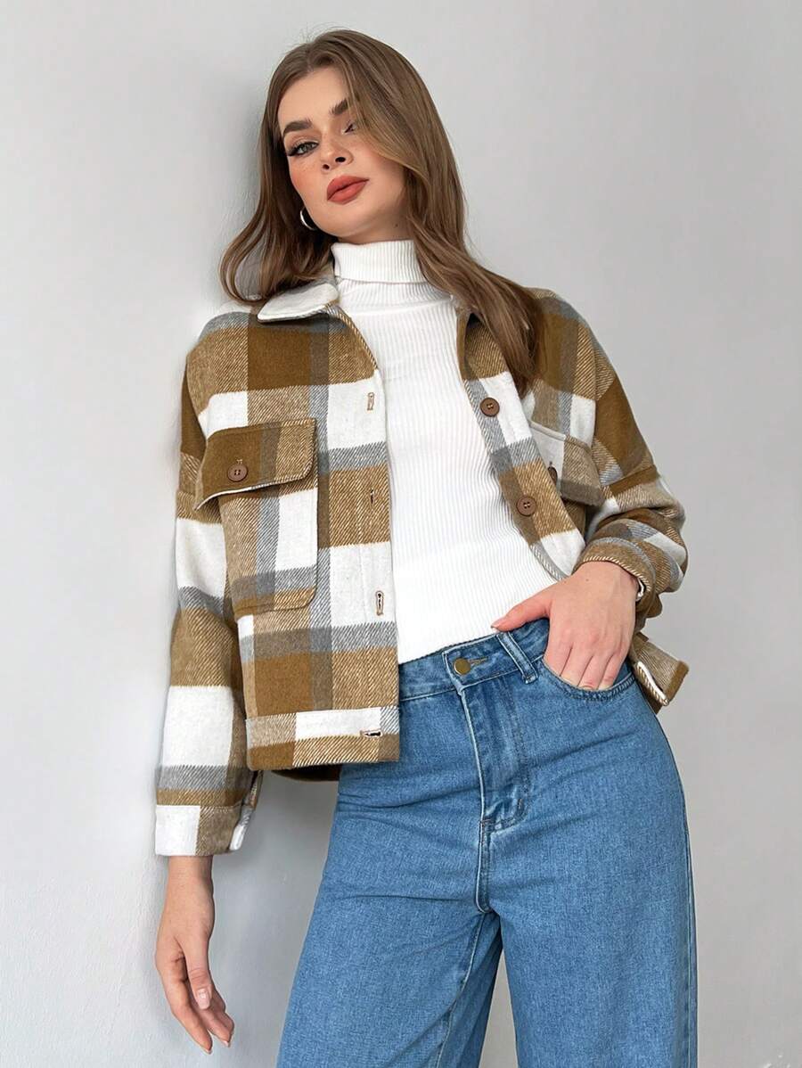 SHEIN Unity Plaid Print Buttoned Pockets Long Sleeve Jacket - Multicolor - View 1