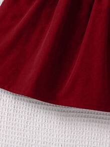 SHEIN New Arrival Young Girl Burgundy Casual Dress With White Bow, White Ruffle Trim Sleeves, Comfortable And Fashionable For School, Christmas, Back To School Season