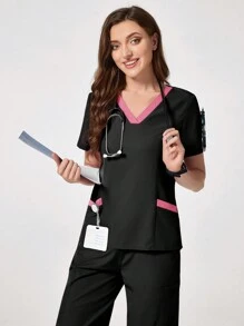 TaskEZ Solid Color Patchwork V-Neck Short Sleeve Top And Pocket Pants Uniform Scrub Set